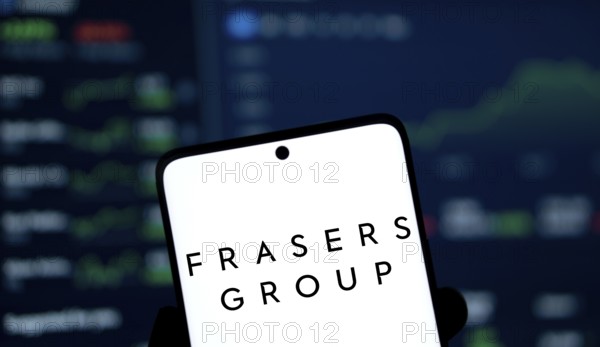 Frasers group logo is displayed on smartphone. Frasers Group plc is a British retail, sport and intellectual property company.