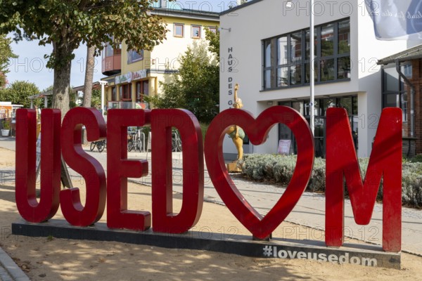 Large letters form sign USEDOM, Baltic resort Zinnowitz, Usedom Island, Baltic Sea, Mecklenburg-Vorpommern, Germany