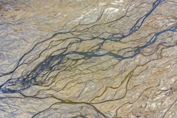 Aerial view over river delta at Skansbukta in the outer Billefjorden, Billefjord, southeast of Dickson Land, Svalbard, Spitsbergen, Norway