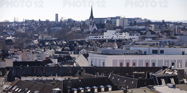 View from the city church tower over the roofs of Giessen city centre, which was almost completely destroyed after the Second World War, Hesse, Germany