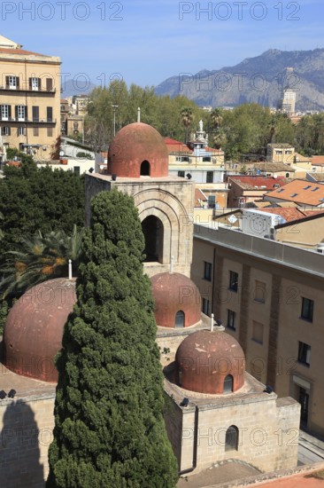 City of Palermo, view from the Campanile di San Giuseppe Cafasso to the domes of the Chiesa San Giovanni degli Eremiti and the city, UNESCO World Heritage Site, Sicily, Italy