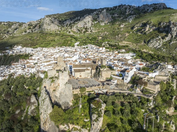 Aerial view of Zuheros castle and village, Sierras Subbéticas, Zuheros, Córdoba province, Andalusia, Spain