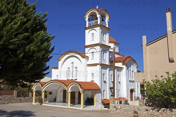 Church in the coastal town of Gefyra, near the rock of Monemvasia, Monemvassia, Monemwassia, Monembasia, in the Myrtoan Sea, Laconia, Peloponnese, Greece