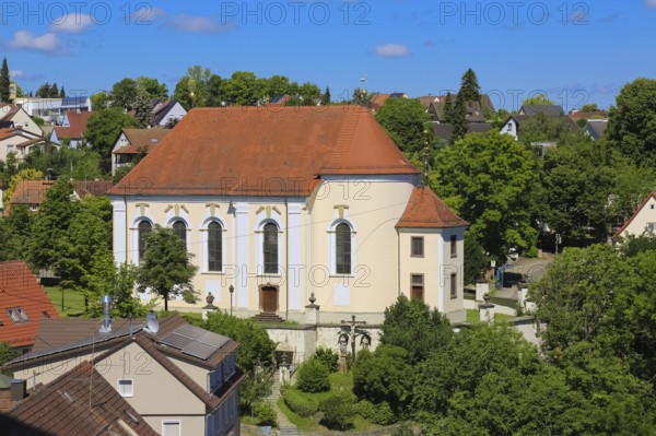 View of Haigerloch, St Anna's Catholic Church, Roman Catholic pilgrimage church, rococo hall church, place of worship, sacred architecture, houses, roofs, rocky town, baroque gem, Haigerloch, Zollernalbkreis, Baden-Württemberg, Germany
