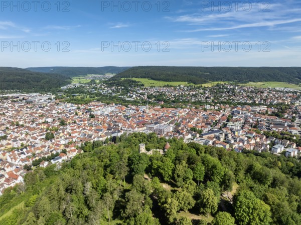 Aerial view of the town of Tuttlingen, in the foreground the ruins of Honburg Castle on the Honberg, district of Tuttlingen, Black Forest, Baar, Heuberg, Baden-Württemberg, Germany