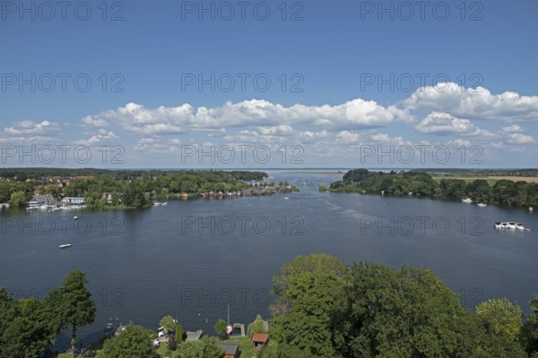 View from the tower of St Mary's Church, Müritz, lake, boats, boathouses, holiday homes, Röbel, Müritz, Mecklenburg Lake District, Mecklenburg-Western Pomerania, Germany