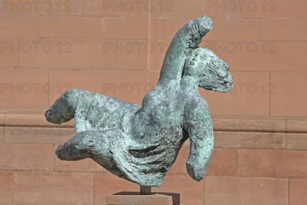 Sculpture Vorbotin by Christiane Maether 2008, memorial to historical Vormärz, Hambach Festival and the German political democracy movement, path to democracy and freedom, Hambach Castle, modern art, female figure, flying, hovering, reclining, Palatinate Higher Regional Court, castle, Zweibrücken, Rhineland-Palatinate, Germany