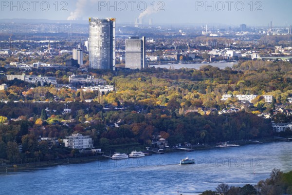 Bonn skyline on the Rhine, UNFCCC Secretariat of the Framework Convention on Climate Change, United Nations skyscraper, Bonn campus, Posttower, Deutsche Post headquarters, coal-fired power stations in the lignite mining area in the background, North Rhine-Westphalia, Germany