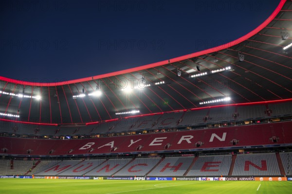 Evening match Allianz Arena, interior, illuminated, lettering FC Bayern Munich, blue hour, UEFA Champions League Allianz Arena, Munich, Bavaria, Germany