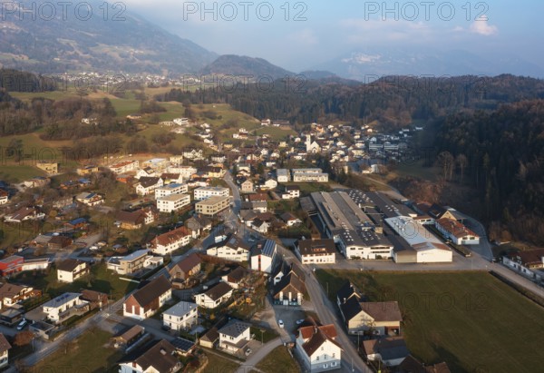Drone image, residential buildings, residential area, Schlins, Walgau, Vorarlberg, Austria