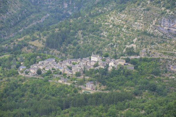 View to the village of Montbrun, mountain hike Les Moines, Gorges du Tarn Causses, Département Lozère, France