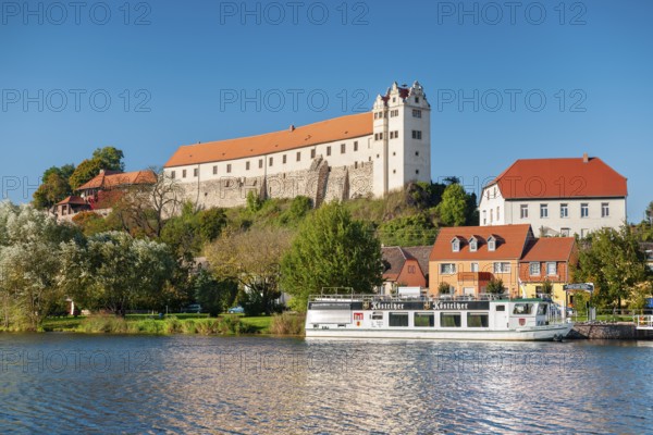 View over the river Saale to Wettin Castle and town, Lower Saale Valley nature park Park, Wettin, Saxony-Anhalt, Germany