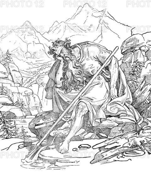Folk tale of the giant in the mountains, giant full of sorrow sitting on rocks by a stream, propping up his old face, tangled hair, beard, walking stick, legendary figure, fairy tale, woodcut illustration, Swiss calendar for 1848