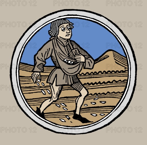 Sowing the seed, Woodcut, Augsburg, Germany, 1480, digitally restored