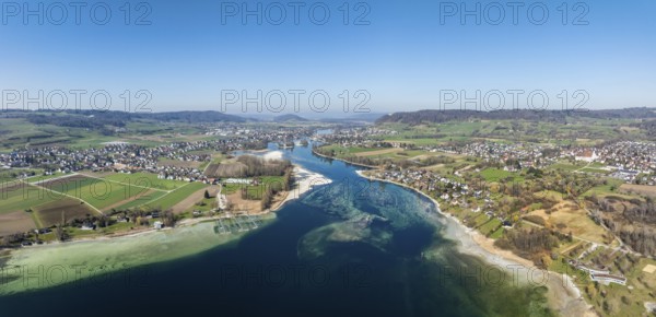 Aerial view, panorama of Lake Constance, Untersee, also known as Lake Rhine, at low tide, which flows into the Rhine at Stein am Rhein, on the right the German peninsula Höri with the village of Öhningen, on the left the municipality of Eschenz in the canton of Thurgau, district of Constance, Baden-Württemberg, Germany