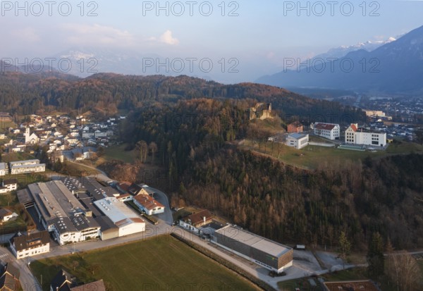 Drone image, residential buildings, settlement area, Jagdberg ruins, Schlins, Walgau, Vorarlberg, Austria