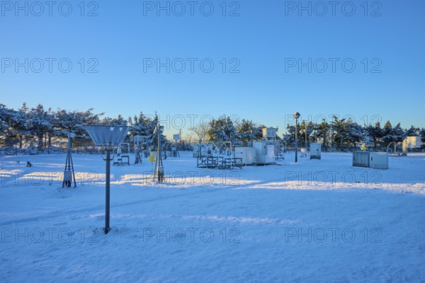 Snow-covered weather station with technological devices, blue sky, winter, Wasserkuppe, Gersfeld, Rhön, Hesse, Germany