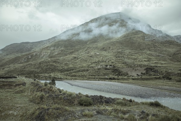 Landscape in the highlands, river Mantaro, early morning fog, Chacapalpa, Peru