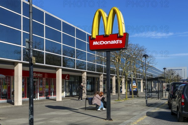 McDonald's sign in Midsummer Place shops, Milton Keynes Central, Buckinghamshire, England, UK