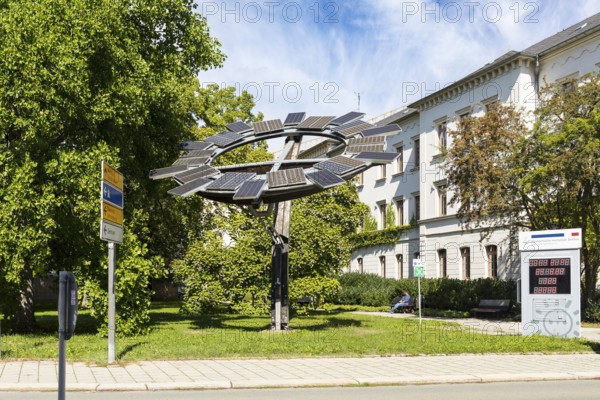 Solar system of the WHZ (West Saxon University of Applied Sciences Zwickau) in front of the Agricola Building with power display, Zwickau, Saxony, Germany