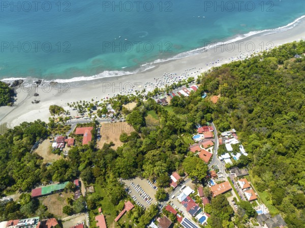 Aerial view, coast and town, Corrohoe Bay and Playa Espadilla, Manuel Antonio National Park, Puntarenas, Quepos, Costa Rica