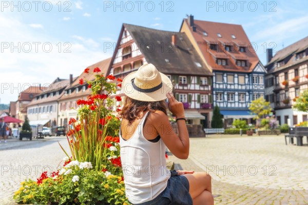 A female tourist in the old town of Gengenbach in the Black Forest, Germany
