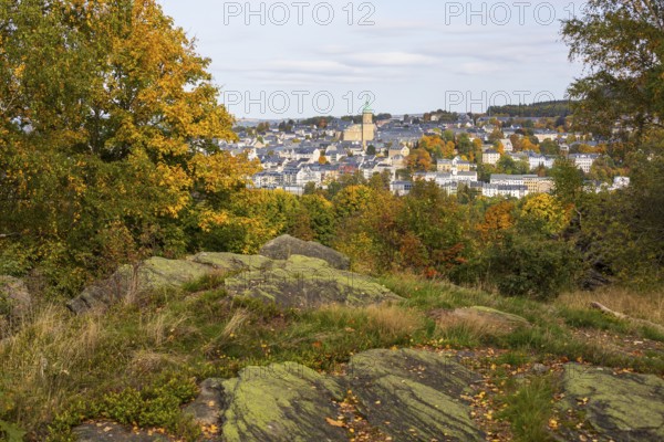 Rock of the Devil's Pulpit with town view of Annaberg with St. Anne's Church, Annaberg-Buchholz, Erzgebirge, Saxony, Germany