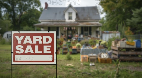 Yard sale lawn sign in front of house with items laid out for sale on front lawn