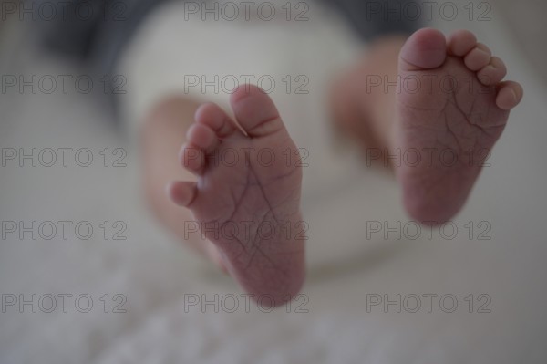 Close-up of baby's feet on a soft surface, blurred background