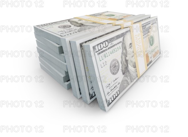 Stacks of one hundred dollar bills isolated on a white background