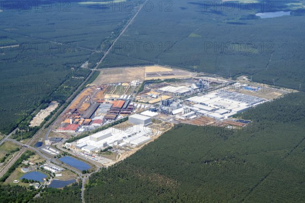 Aerial view, industrial area, Bernhardsmüh, Baruth/Mark, economy, timber, timber industry, sawmill, processing, forest, workplace, Brandenburg, Germany