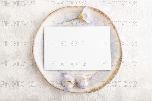 White paper invitation card, mockup with crocus flowers on ceramic plate and gray concrete background. Blank, flat lay, top view, still life, copy space, wedding invitation