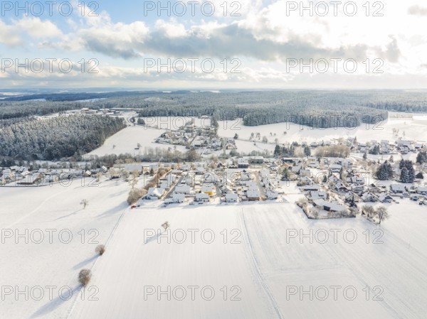 Snow-covered village in a wide, wintry landscape, Oberreichenbach, Black Forest, district of Calw, Germany