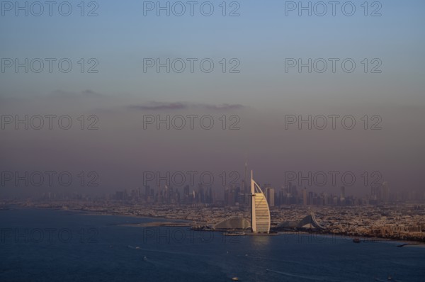 View from viewing platform The View At the Palm, on Hotel Burj al Arab, Burj Khalifa, Downtown, Palm Jumeirah, evening light, Dubai, United Arab Emirates, VAR
