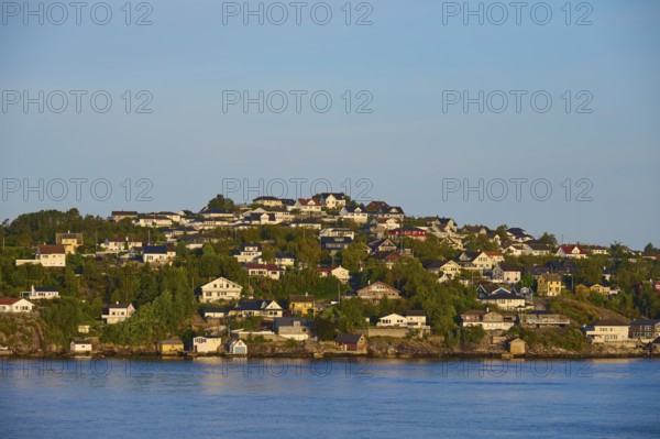 Small wooded island with houses in the sea with clear skies and calm water, Strusshamn, Bergen, Vestland, Norway