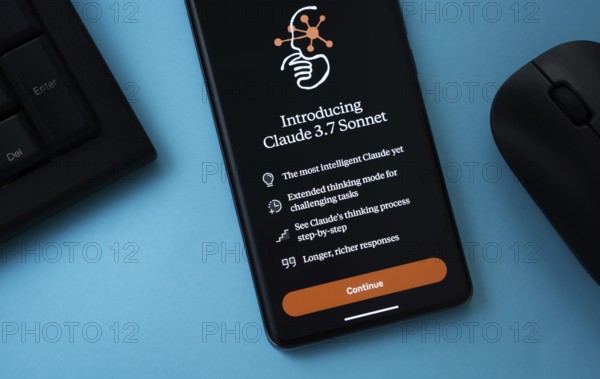 A smartphone screen featuring the introduction of Claude 3.7 sonnet