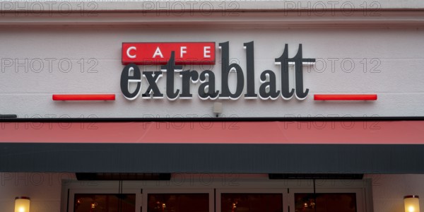 Cafe Extrablatt, lettering and logo on the façade, Soest, North Rhine-Westphalia, Germany
