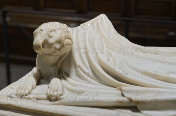 Dog eternally guards his dead mistress, detail, Tomb of Ilaria del Caretto, Monumento funebre a Ilaria del Carretto, sculptor Jacopo della Quercia, c. 1406, Gothic, Sacristy, Sagrestia, Cathedral, Cattedrale di San Martino also Duomo di Lucca, Lucca, Tuscany, Italy