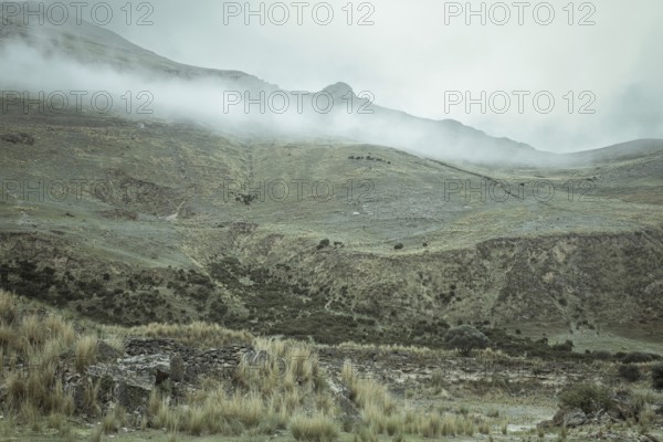 Landscape in the highlands, early morning fog, Chacapalpa, Peru