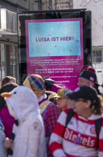 Rose Monday carnival parade in Düsseldorf, campaign against sexual assault, violence, at carnival, Luisa is here, Is Luisa here, code words to draw attention to harassment, assault