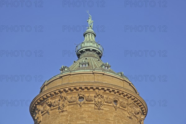 Top of the water tower built in 1889 with Amphitrite, Aphrodite, figure, landmark, detail, sculpture, goddess of love, water tower, Friedrichplatz, Mannheim, Hesse, Germany
