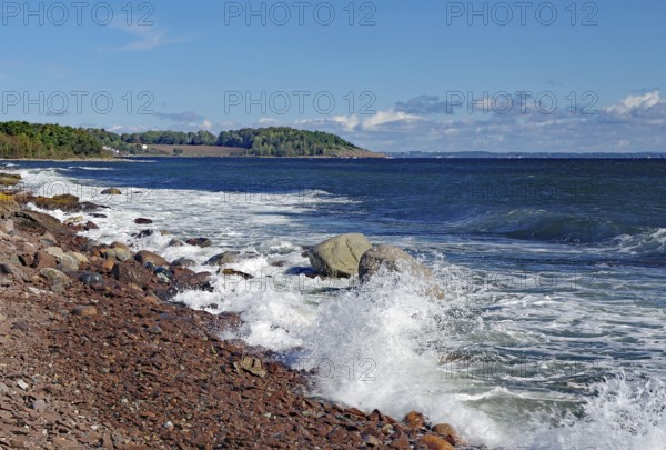 Calm beach with rocks and waves under blue sky and green landscape in the background, Tönsberg, Oslofjord, Norway