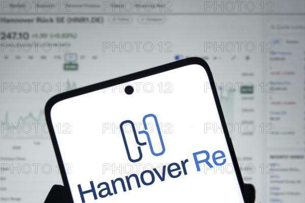 Hannover re logo is displayed on smartphone.Hannover Re is a reinsurance company