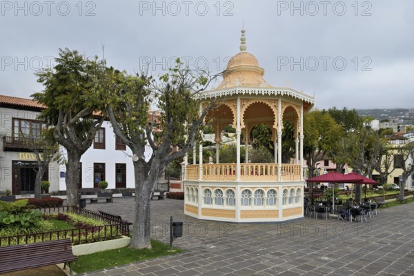 Plaza de la constitución with gastronomic pavilion, in the historic old town, La Orotava, North Tenerife, Canary Islands, Spain