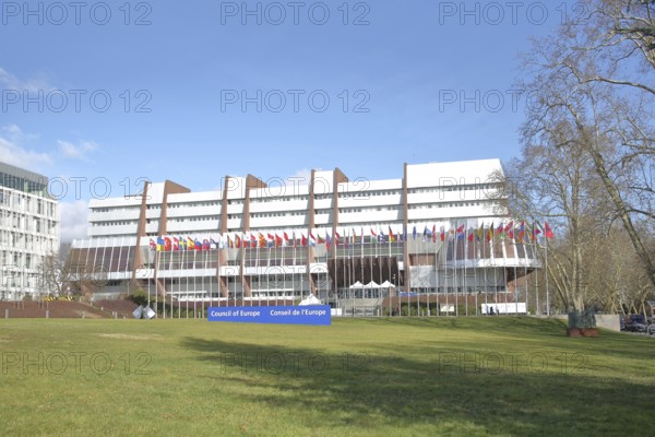 Palace of Europe with seat of the Council of Europe and inscription Council of Europe, EU flag, row of national flags, state flag, modern building, politics, international, EU Parliament, Strasbourg, Bas-Rhin, Alsace, France