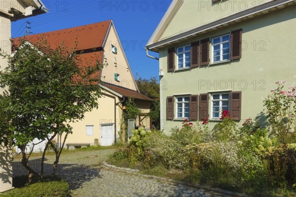 On the right Paul Jauch House, museum, exhibition building, memorial, on the left local history museum, Eningen unter Achalm, Baden-Württemberg, Germany