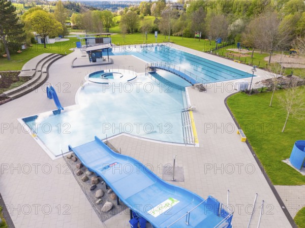 Large outdoor swimming pool with water themes and various slides, Calw Stammheim outdoor pool, Calw, Black Forest, Germany