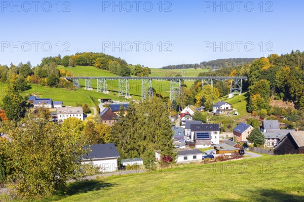 Town view with Markersbach viaduct, historic metal railway bridge in Raschau-Markersbach, Erzgebirge, Saxony, Germany
