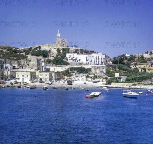 View from ferry arriving at Mgarr, Gozo, Malta, Europe 1971