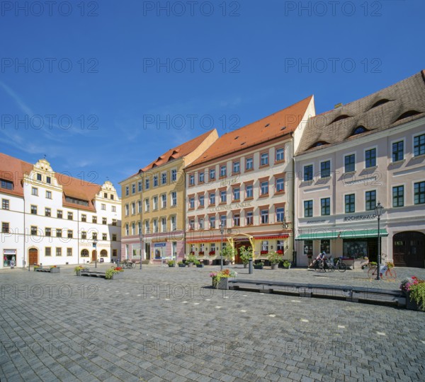 Market square with town houses and Mohren pharmacy, Torgau, Saxony, Germany